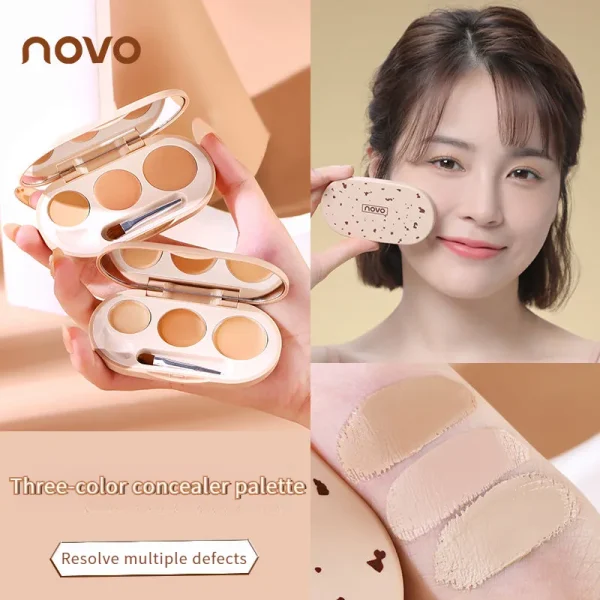 Novo three-color concealer to cover acne marks, dark circles, freckles, face contouring, brightening skin tone, multi-color concealer palette wholesale - Image 2